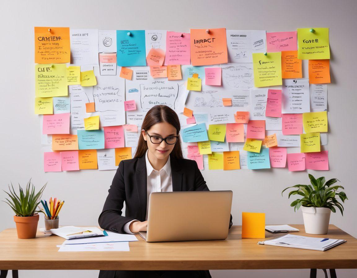 A person sitting at a desk, typing on a laptop, surrounded by colorful sticky notes with keywords like 'Career', 'Impact', and 'Insights'. A light bulb representing ideas hovers above, with a subtle background of HR icons like resumes and interview symbols. The setting is bright and inspiring, emphasizing creativity and productivity. super-realistic. vibrant colors. inspirational ambiance.