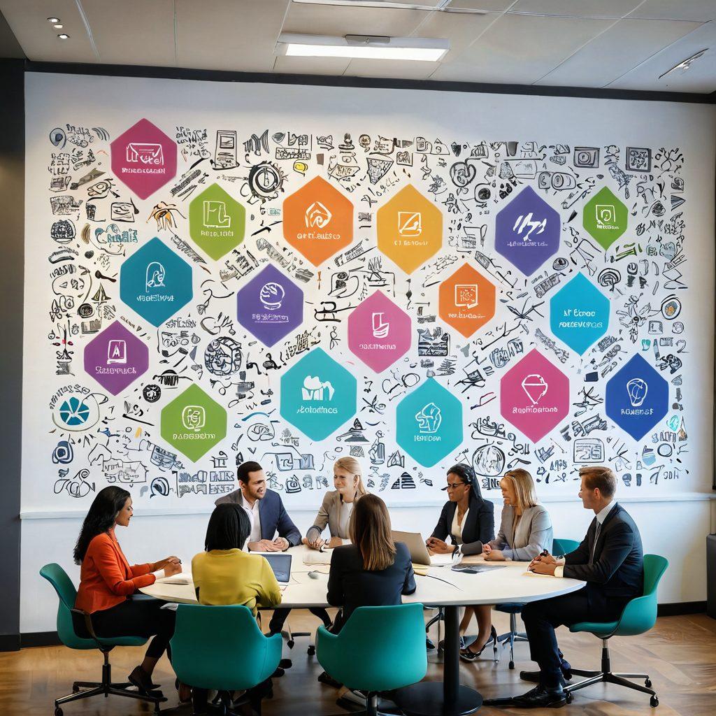 A vibrant illustration of a diverse group of HR professionals engaged in a brainstorming session, exchanging ideas around a table filled with laptops and notepads. The background showcases a modern office environment with inspiring quotes on the walls, symbolizing growth and influence. Subtle symbols of career progression, like upward arrows and pathways, are integrated into the design. A bright and inviting color palette enhances the motivational theme. super-realistic. vibrant colors. 3D.