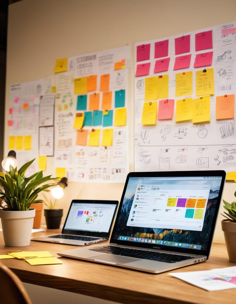 A dynamic workspace scene featuring diverse professionals collaborating around a table, with post-it notes and laptops displaying insightful graphs and ideas. A bright light bulb symbolizes creative thinking above the table, and the background shows a soft-focus office environment with plants and inspirational quotes on the walls. Emphasize teamwork, innovation, and the power of insights transforming into impactful actions. vibrant colors. super-realistic.
